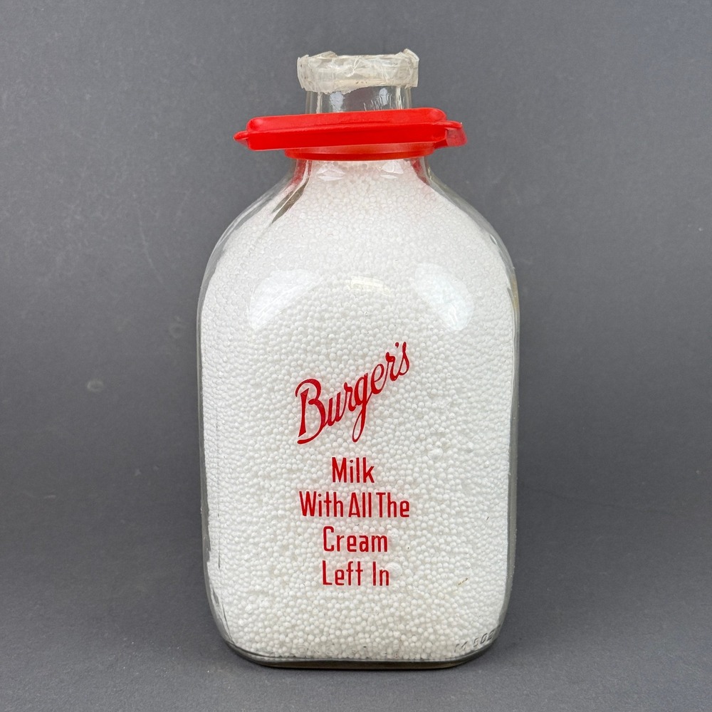Burgers‎ Vtg Milk Glass Bottle One Gallon Red Pyro lettering / Carrying Handle